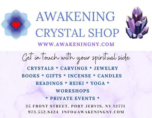 Crystals, carvings, jewelry, books, gifts, incense, candles, tarot decks, readings, reiki, yoga, and more...