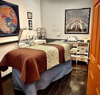Skincare and waxing treatment room. Functional yet private and relaxing.