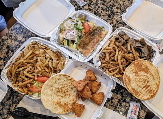 Chicken gyros dinner, spinach pie dinner, gyros dinner, and mac n' cheese wedges