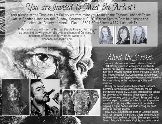 The Famous Lubbock Texas Artist Candace Johnson will be making a rare appearance in our Timeless Art Gallery on Sunday, September 9, 2018 fr