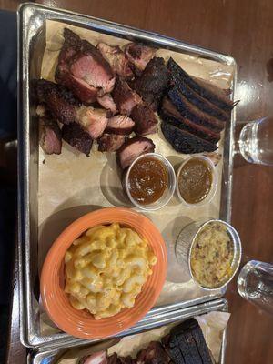 Burnt Ends and Rib Tips with Mac n Cheese and Potato Casserole