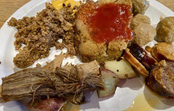 meatloaf, Italian sausage, Italian meatballs, potato wedges that came with the dry pot roast (the cooking water should have been included).