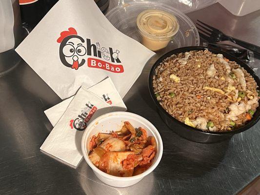chicken fried rice and kimchi side