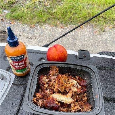 Pulled pork 3/4 lb ,nectarine, and sauce. My fruity carnivore lifestyle
