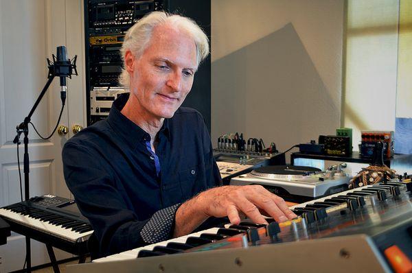 Paul performing in his studio on his Jupiter 8, a very rare analog synth.
