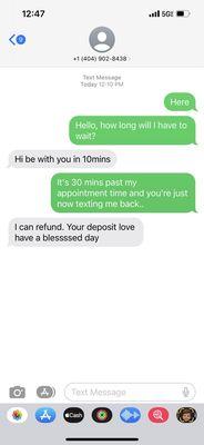 Text messages between Janique, the lash salon owner, and I.