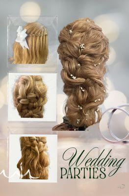 Bridal Parties, flower girl is a waterfall braid, 2 four strand braids, and the bride is a loose French braid.