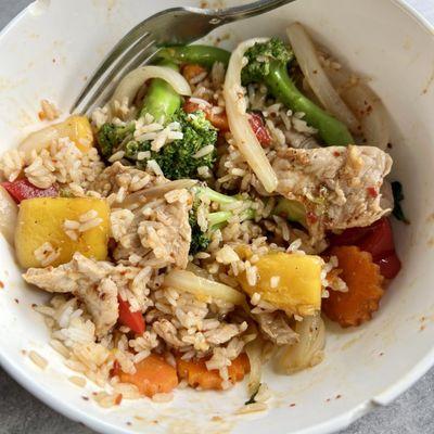 Much rice bowl Mango Paradise with pork. Spice level 2.5 is spicy but delicious!