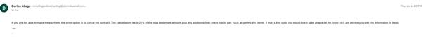 email for 20% of settlement just to cancel