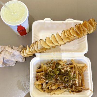 Lemonade, tornado fry, and poutine gravy fries