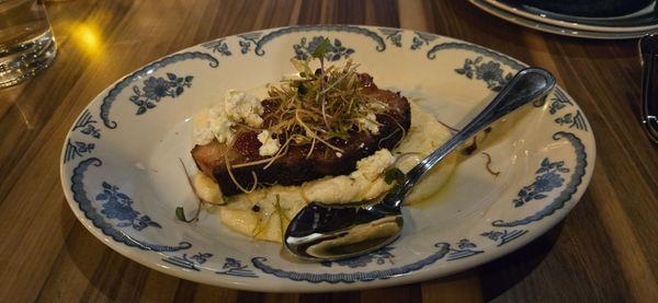 Pork belly with polenta. Good, but too fatty.