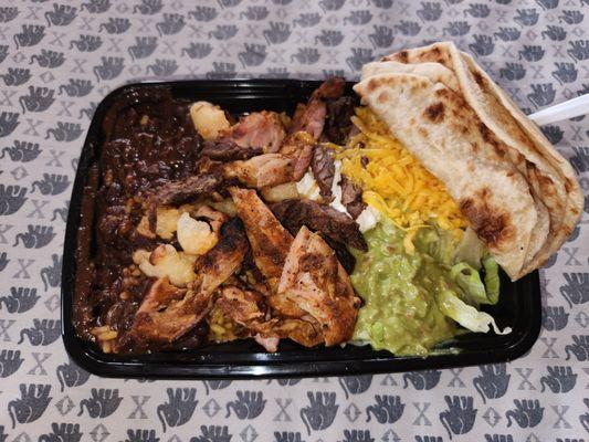 Chicken, shrimp, steak burrito bowl.