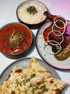 Chicken tikka masala , naan and tandoori chicken
