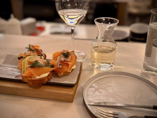 So glad this place is here in Moab! Great wine selection and small plates. This was salmon crostini.