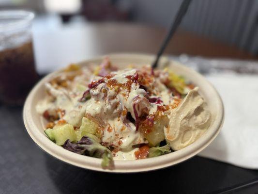 Chicken shawarma bowl - gotta do hummus, garlic sauce, and hot sauce. 5/2025