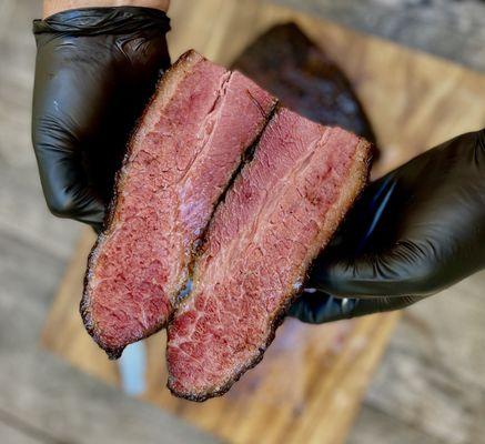 Our pit smoked pastrami. Brined for 7 days and smoked for 12 hours on an offset smoker.