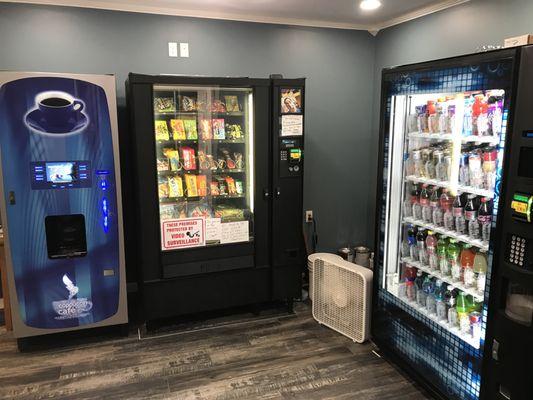 Our public vending machine lobby boasts 30 snack items, 45 cold beverages selections, fresh brew coffee, hot chocolate, and cappuccino.