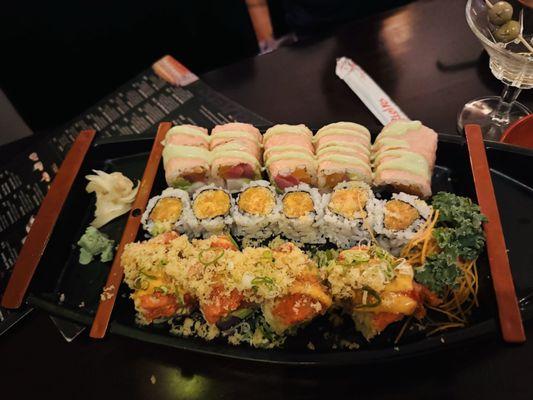 Spicy salmon, red dragon roll, pink lady roll