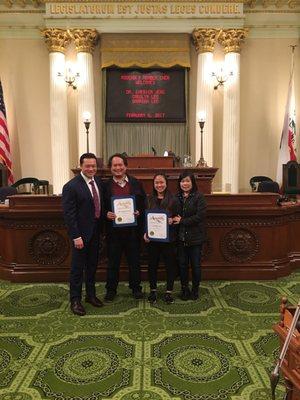Attorney Chester Jeng receiving the Certificate of Recognition from the California State Assembly presented by Assembly Member Phillip Chen.