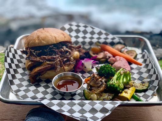 Brisket sandwich with grilled seasonal veggies