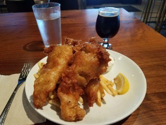 Way too much and greasy fish and chips. Beer was good.