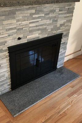Fireplace Face Lift With Granite Hearth, Granite Mantel, Stone Veneer & New Glass Doors