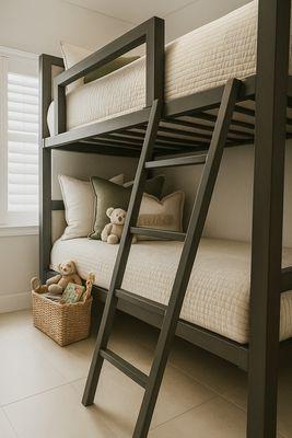Inviting kids' bunk room with soft bedding, neutral tones, and playful stuffed animals for a cozy feel.