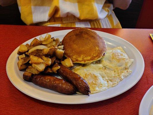 Eggs, sausage, pancakes, home fries