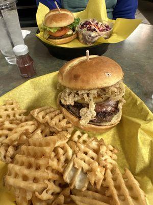 Hawaiian burger with fried and cheeseburger with slaw