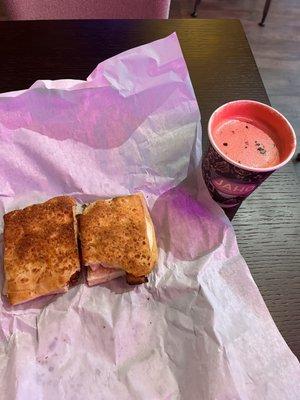 Sandwich with skimpy bacon and an egg--The bread was fresh. The red velvet hot chocolate is good.