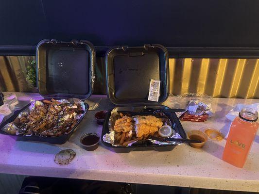 Loaded Fries Fried Catfish passion fruit lemonade