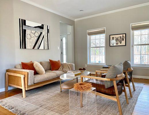 Custom shades in living room for home in collaboration with interior designer Simone Eisold.