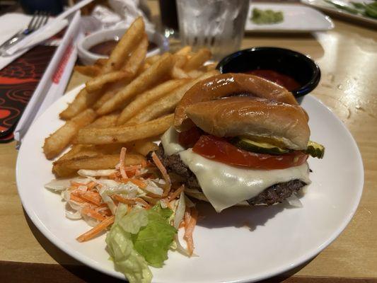 Wagyu Burger with French fries. This burger is very delicious, but it is on the smaller side.