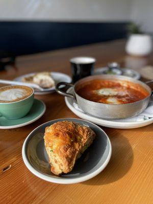 Moroccan eggs Cheddar scone Earl grey pie