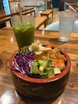Salmon Poke, Thai Iced Green Tea