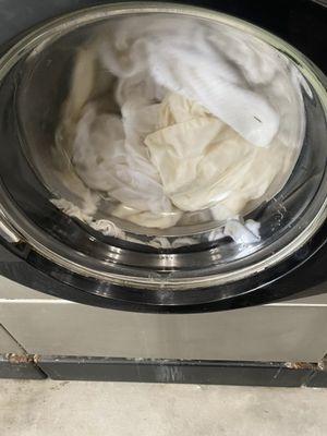 White socks between the glass and the drum. Fell in while washing. New rubber seals needed around the drum to prevent this.