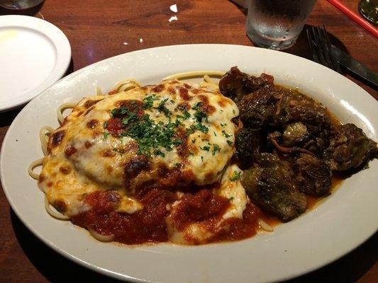 Chicken Parm w/Spaghetti and the BEST Brussel Sprouts you will EVER have!! Sooooo good. Great Oil and Vinegar w/ Garlic, bread dipping sauce