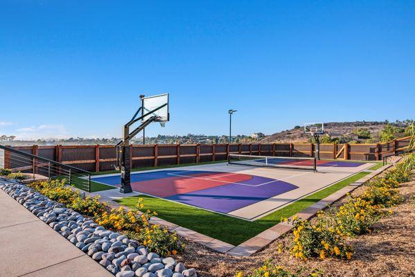 Backyard Game Court in San Diego featuring a full Basketball and Pickleball Court.