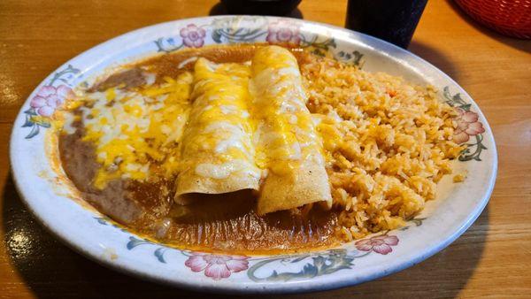Lunch Special #2. Two chicken enchiladas, rice, and beans.