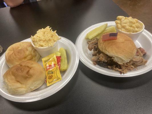 Bierocks with cheesy taters and a pulled pork sandwich with Mac n cheese!
