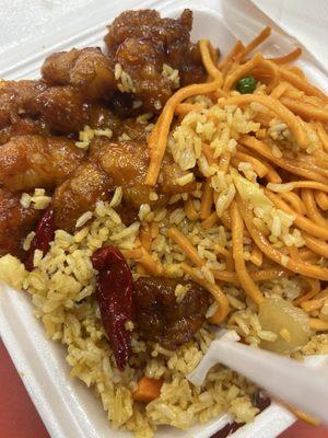 Combo with orange chicken, chow mein and rice. About $10