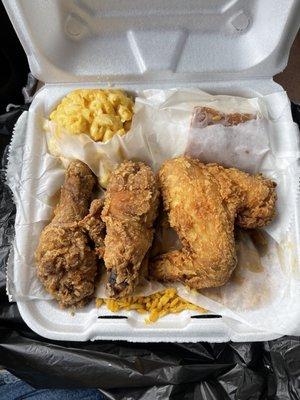 Fried Chicken, Macaroni and Cheese, corn bread, Yellow Rice