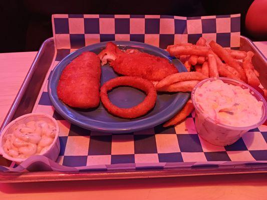 Fish basket: 2 filets, fries, cole slaw and tartar sauce.