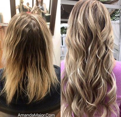 Hair color correction and hair extensions by Amanda.