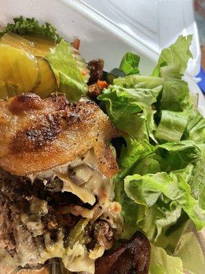 Hamburger minus the bun with ALL the extras and a salad