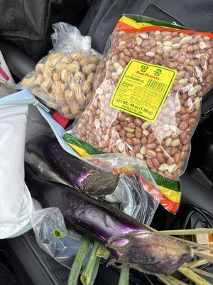 raw peanuts both in Shell and shelled are available surprisingly cheap. Japanese eggplant and lemongrass are similarly good deals.