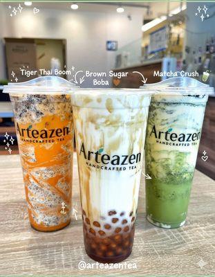 The three top sale at Arteazen Handcrafted Tea. Tiger Thai, Matcha Oreo Brulee, and Black Sugar Boba Latte
