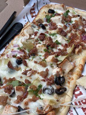 Chicken flatbread with bacon added.