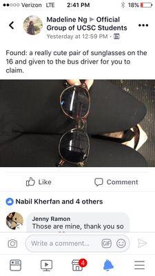 Stolen by someone working at SC Metro. Please be on the lookout. "Crush" green and pink sunglasses.