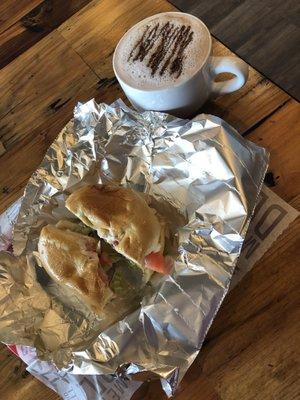 Zeppelin sandwich and chocolate covered strawberry latte